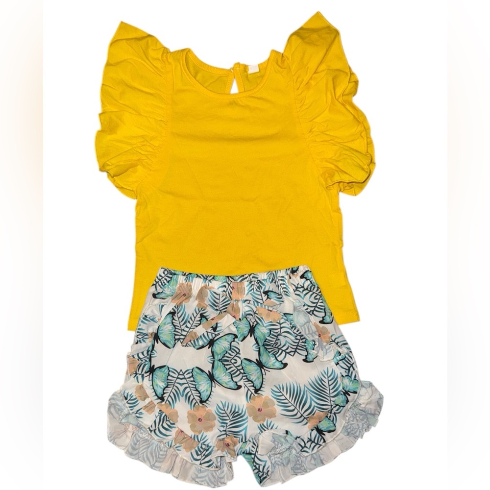 Yellow Ruffled Top and Floral Skirt Set